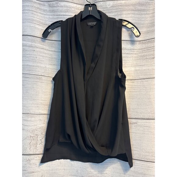 Topshop Black Sleeveless Drape V-Neck Blouse Size 2 - Picture 1 of 3